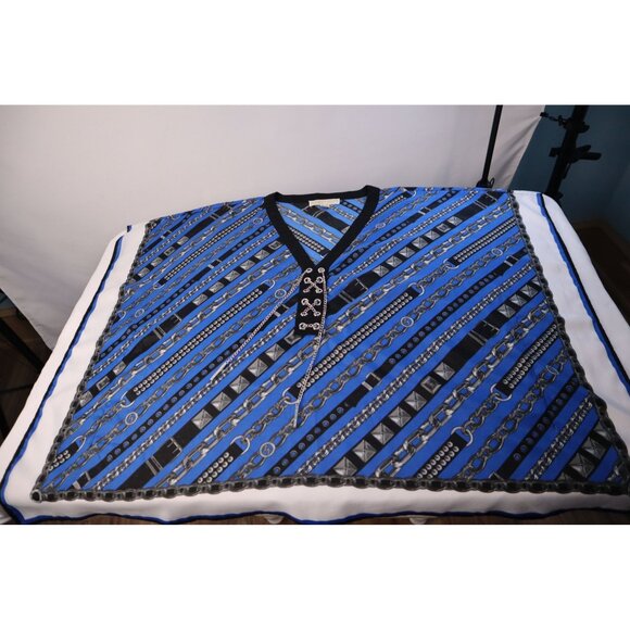 Michael Kors Women's Blue Black Chain Print Poncho Top Size L/XL Polyester Light - Picture 6 of 11